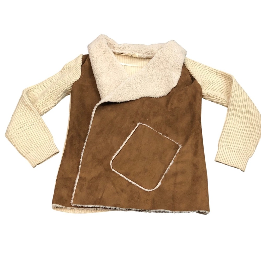 Moth Anthropologie Cardigan Jacket Womens Small Brown Faux Suede Sherpa Knit‎